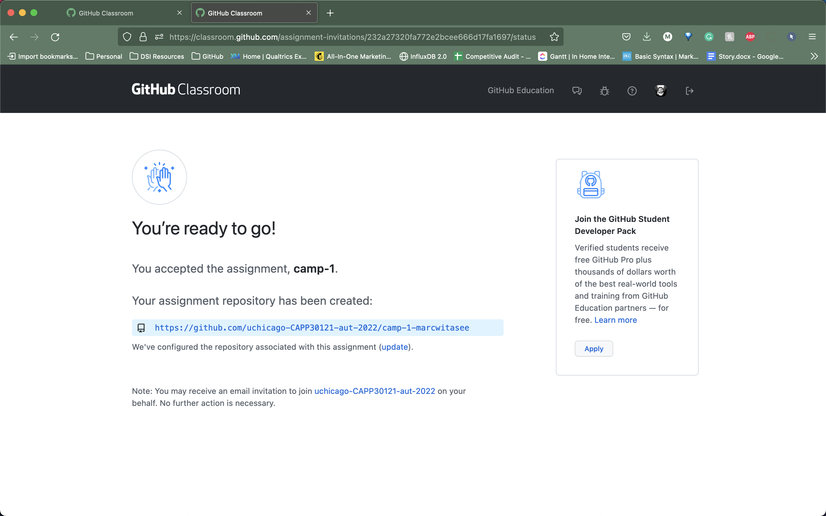 Screenshot of GitHub Classroom's Assignment Acceptance Confirmation Page