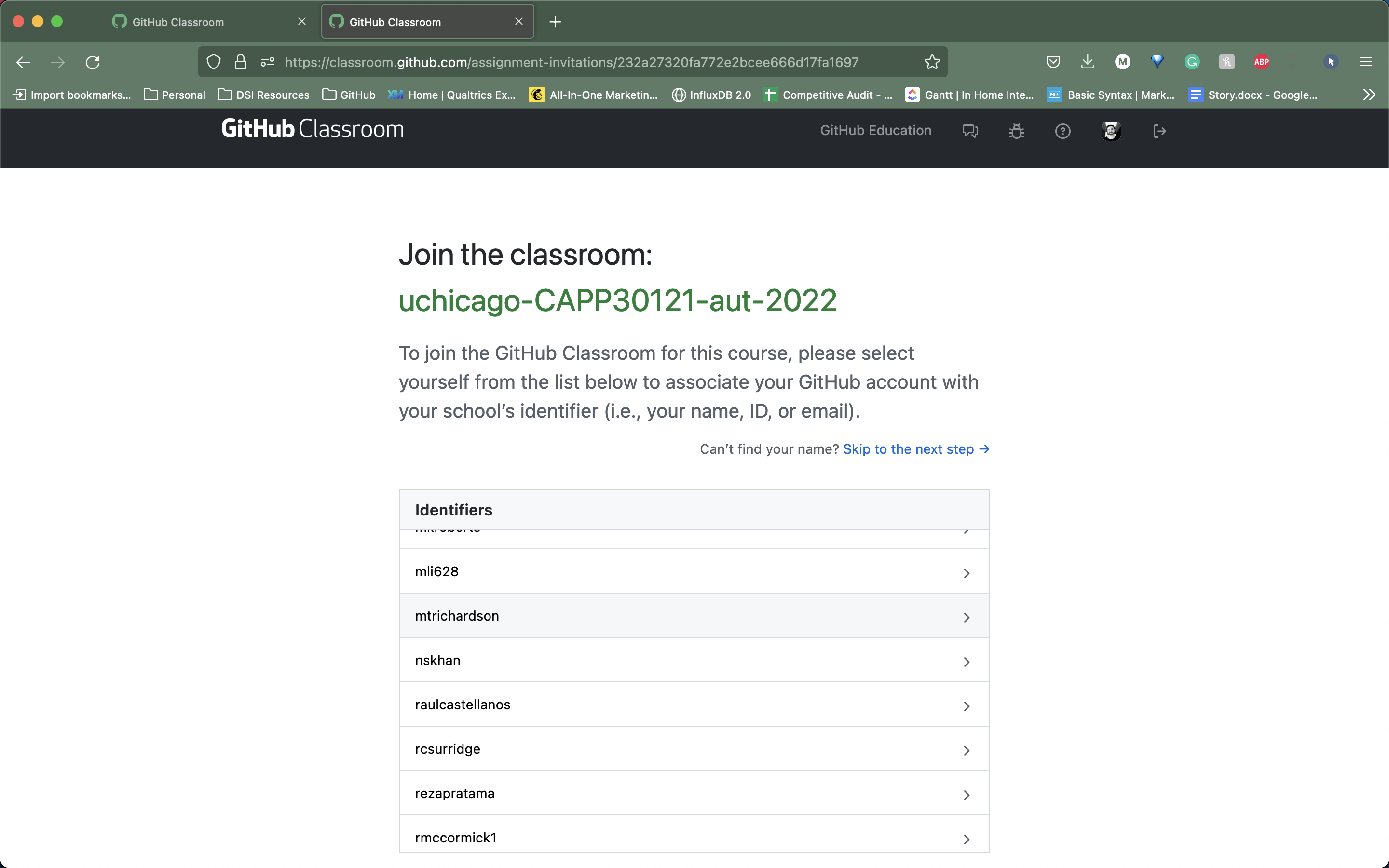 Screenshot of GitHub Classroom's Assignment Invitation Page