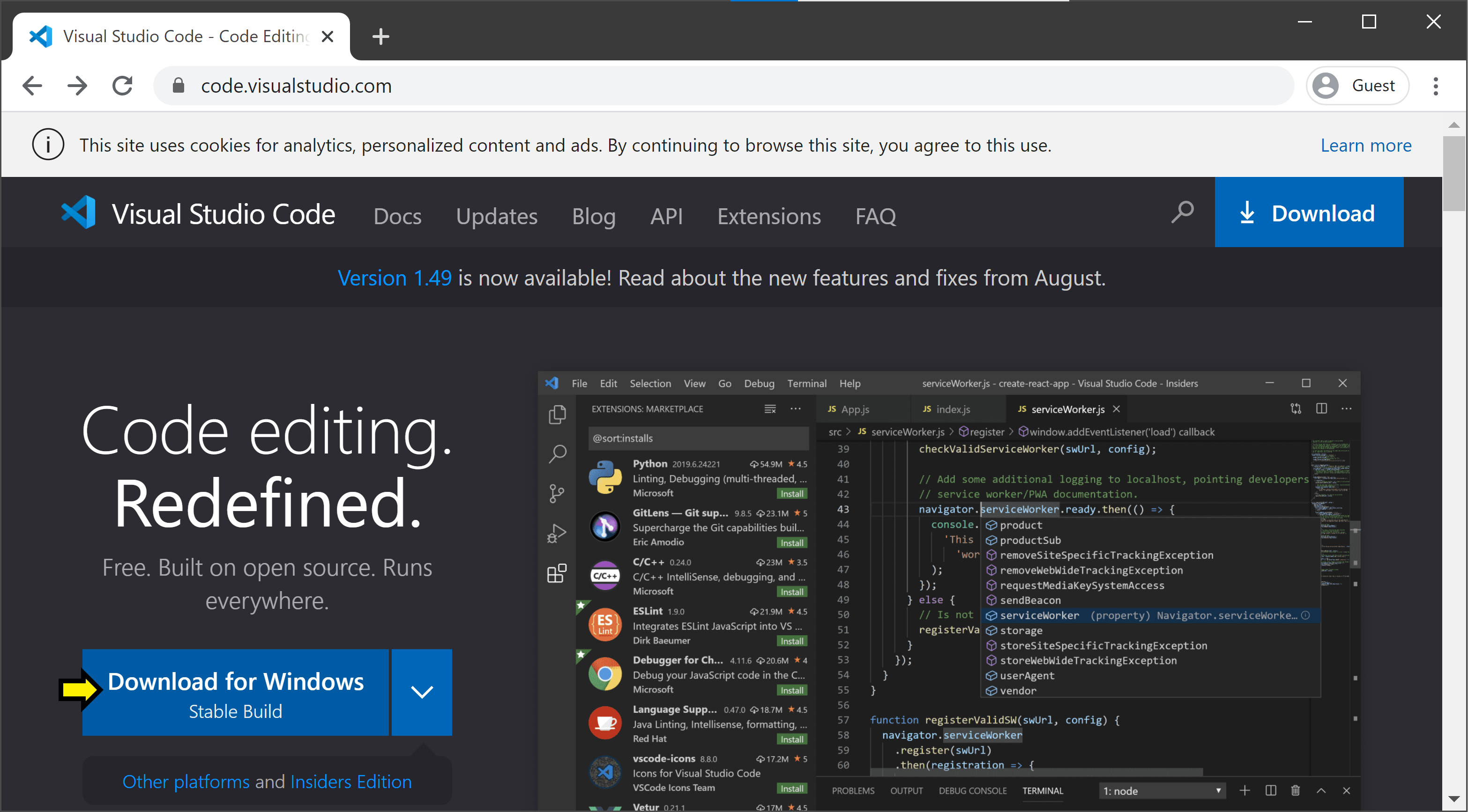 VS Code homepage screenshot - Windows