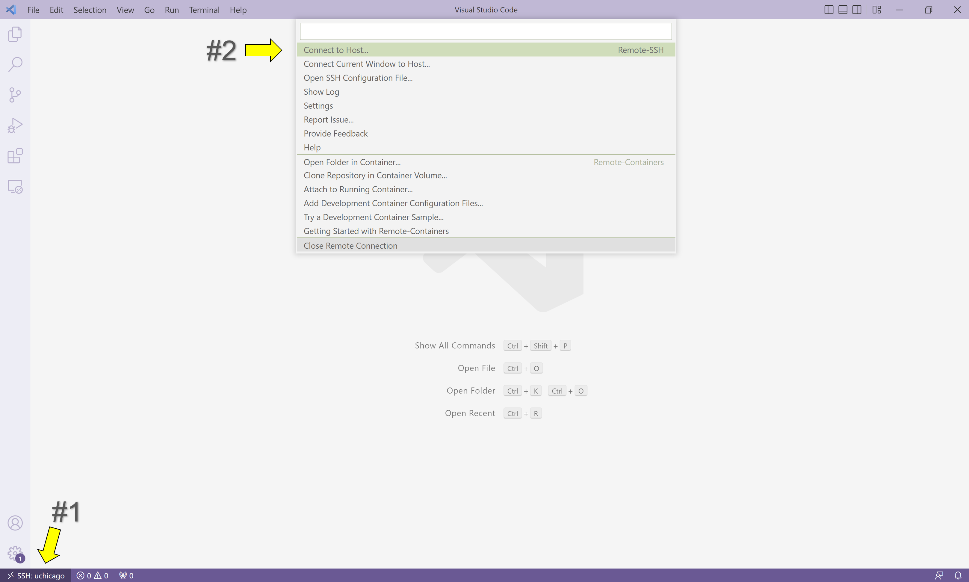 VS Code Remote SSH close option screenshot
