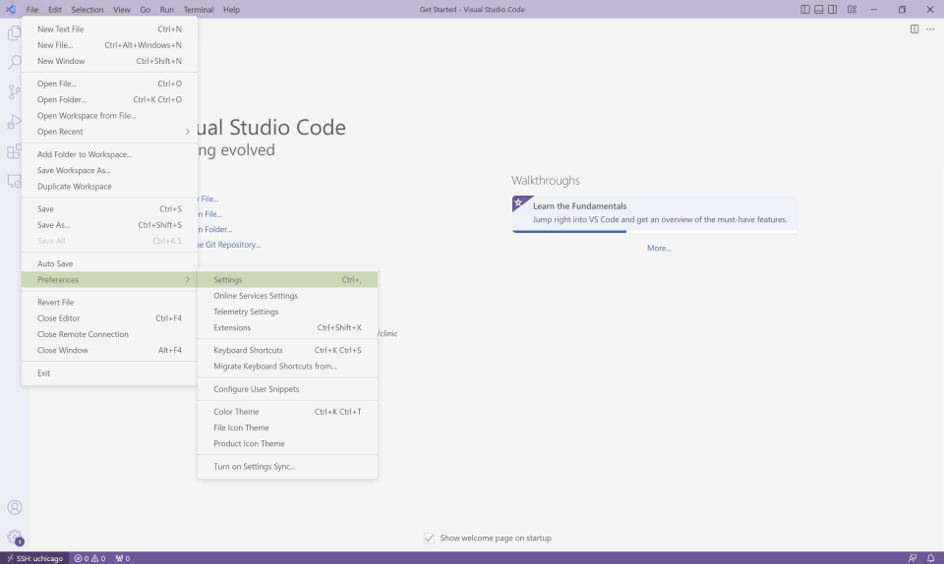 VS Code settings menu screenshot