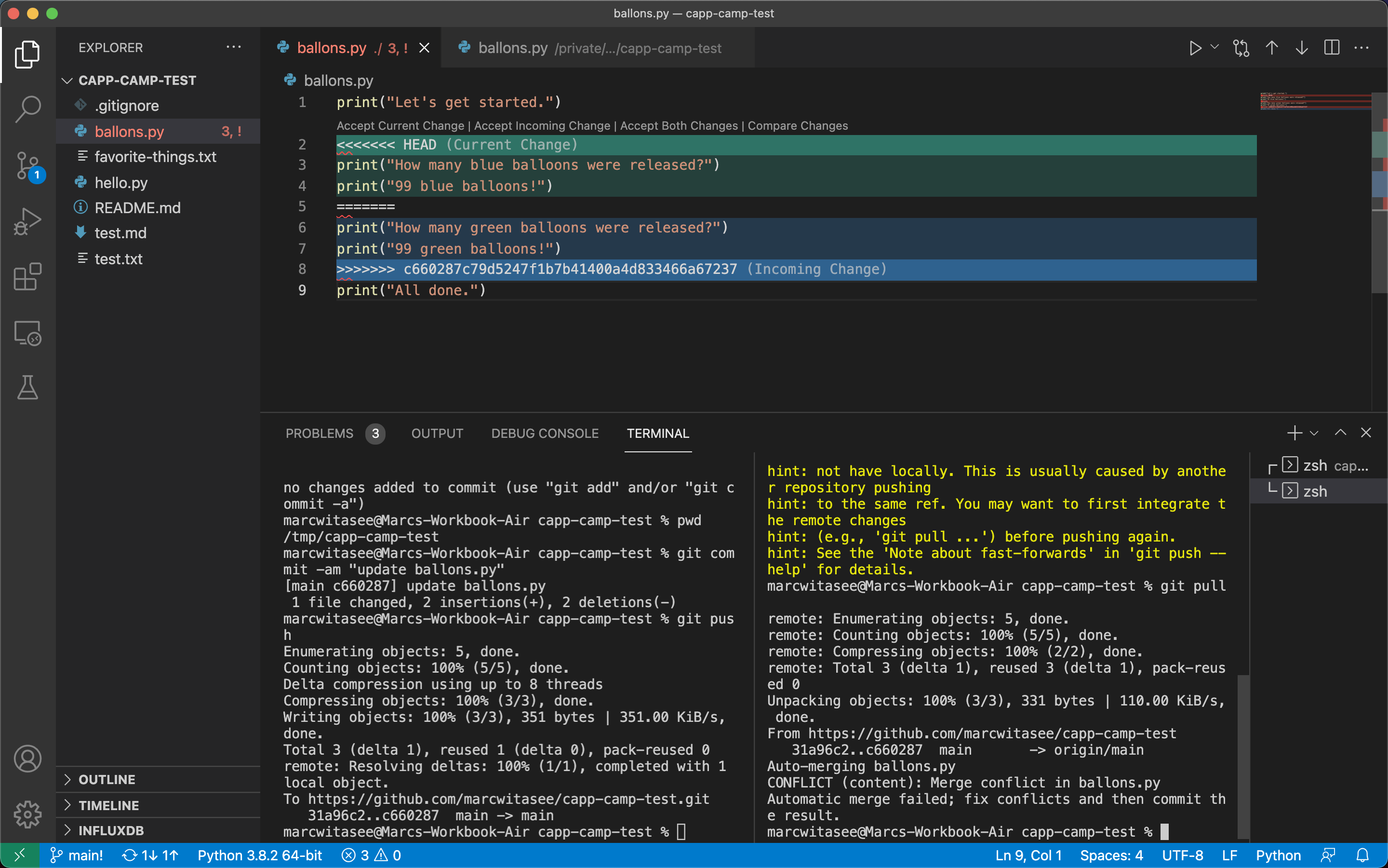 Screenshot of a merge conflict in VS Code